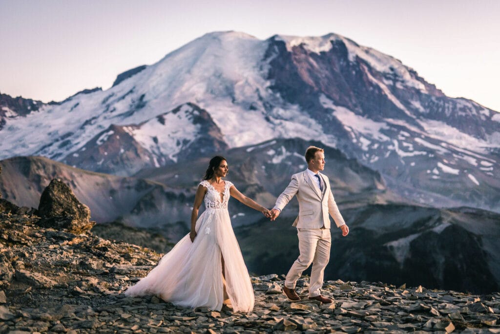 Mt Rainier vow renewal elopement couple with mountain in background