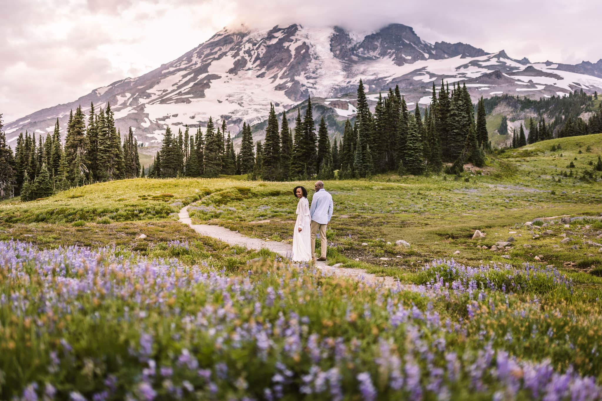 Couple walking on a path in Mount Rainier National Park