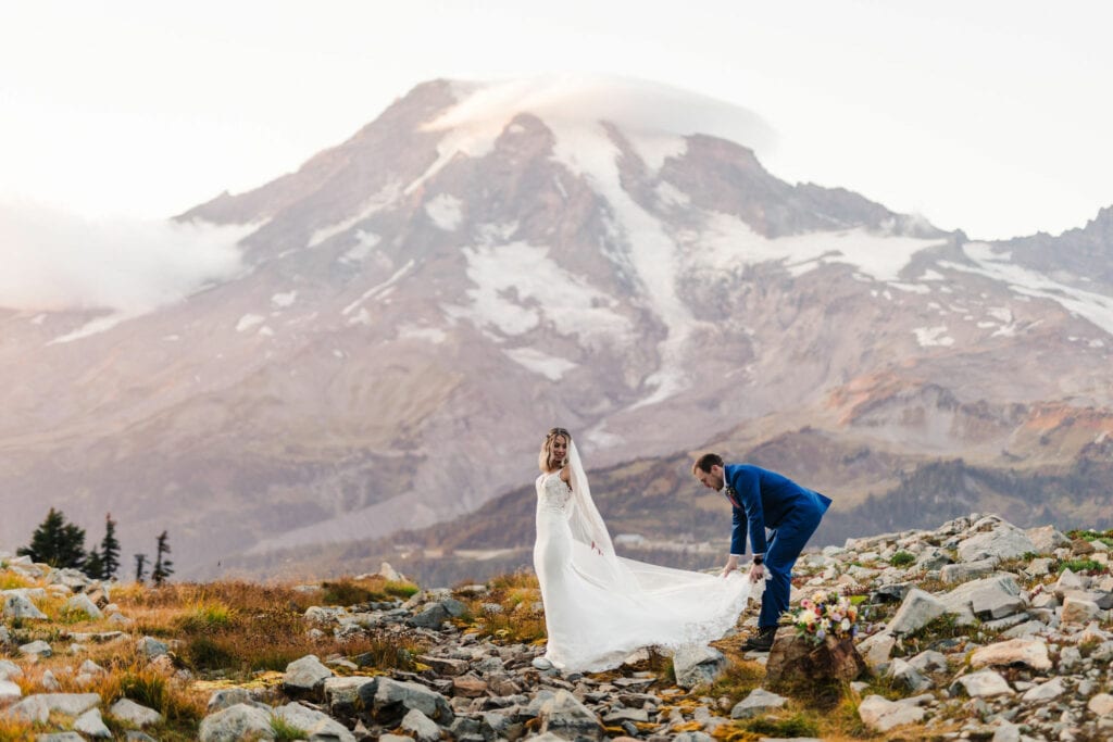 bride and groom at their mt rainier elopement